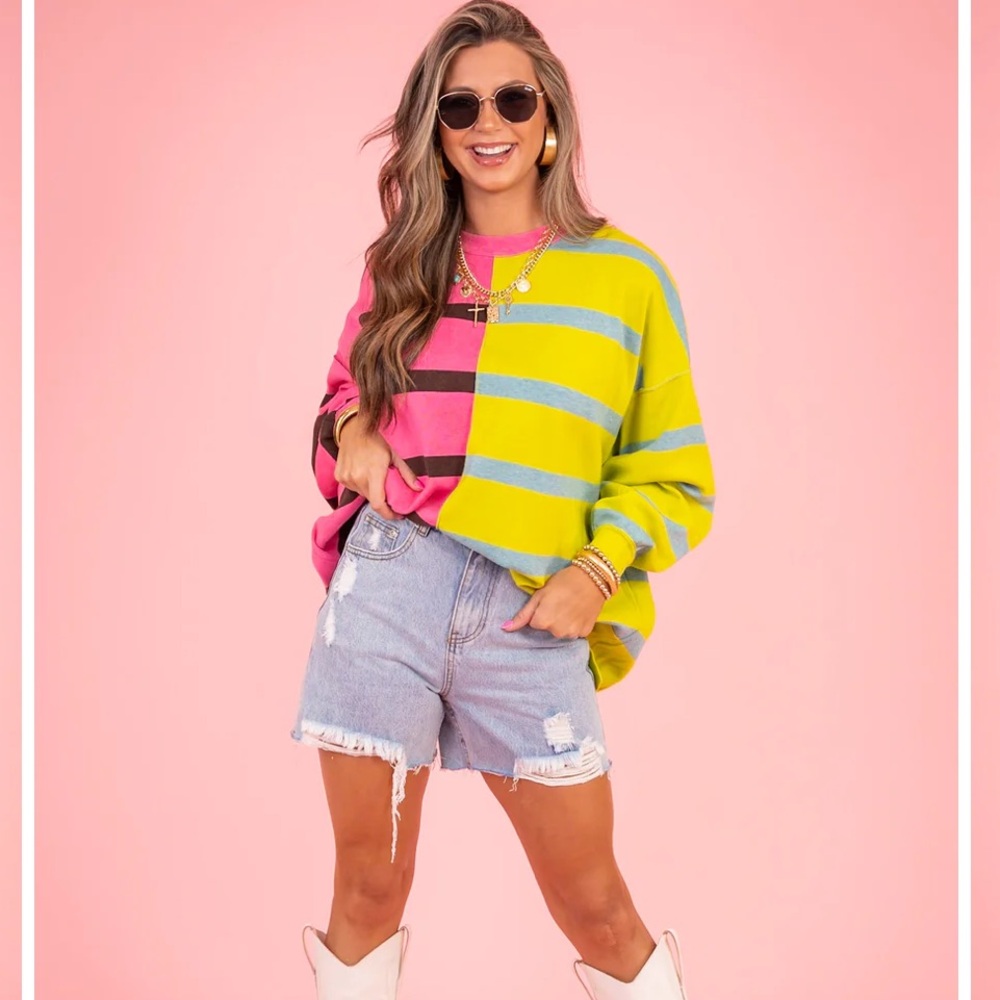 $128 Free People Colorblock Striped Crewneck Sweater - Hot Pink & Lemon